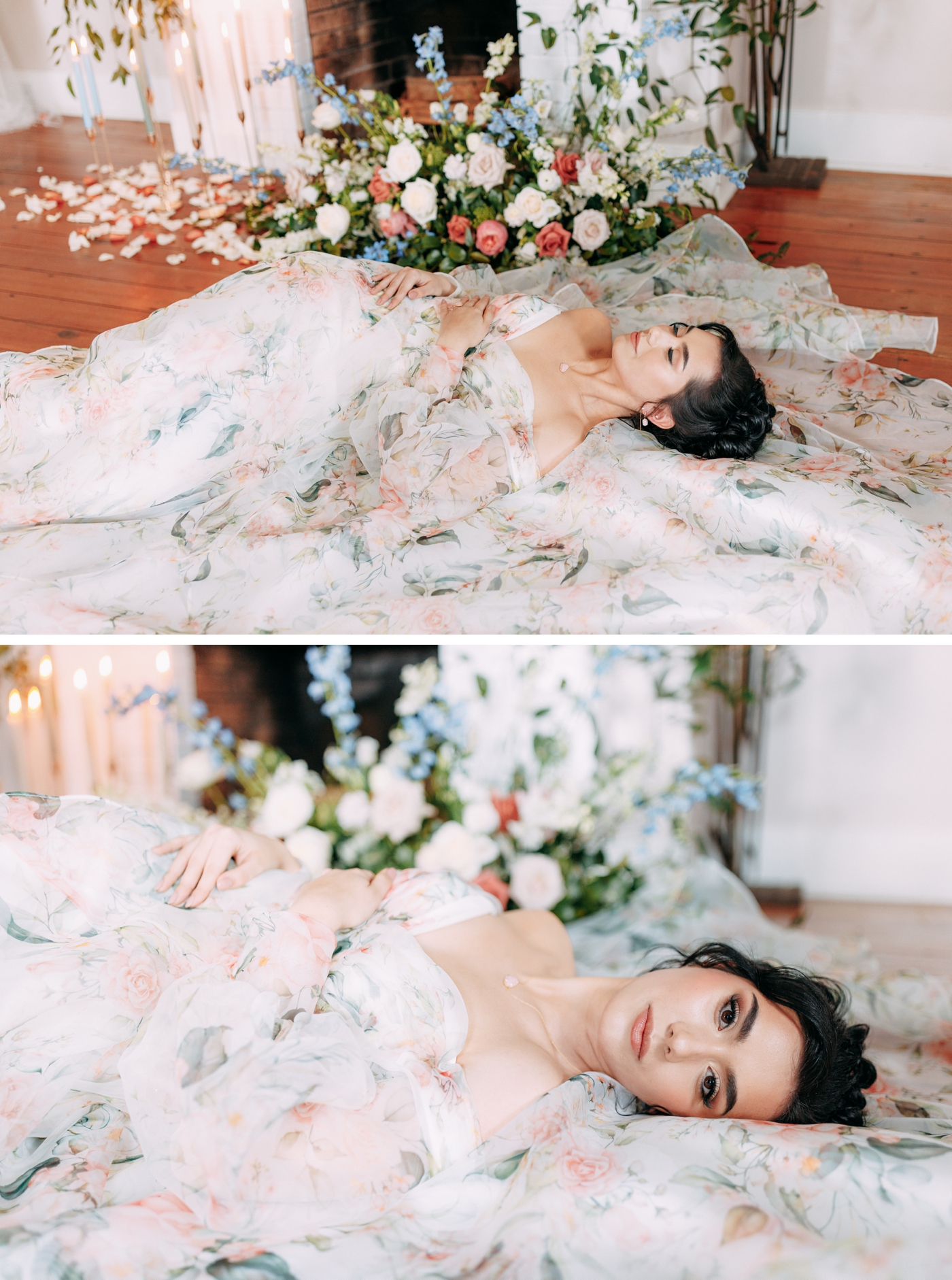 Bride in a watercolor floral wedding dress with off the shoulder sleeves and a sweetheart neckline from POSH Bridal Lancaster