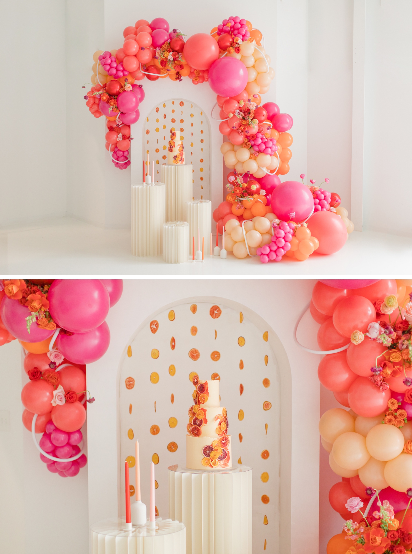 Pink and orange balloon installation at a wedding styled shoot by AO Balloons