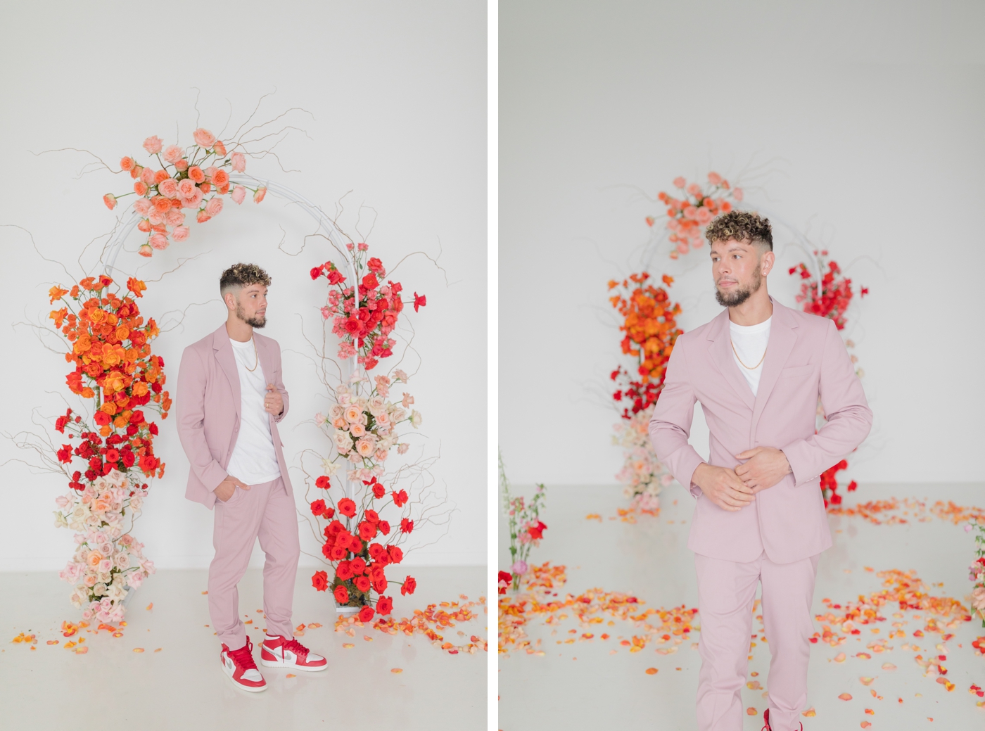 Groom wearing a pink suit with red Nike sneakers
